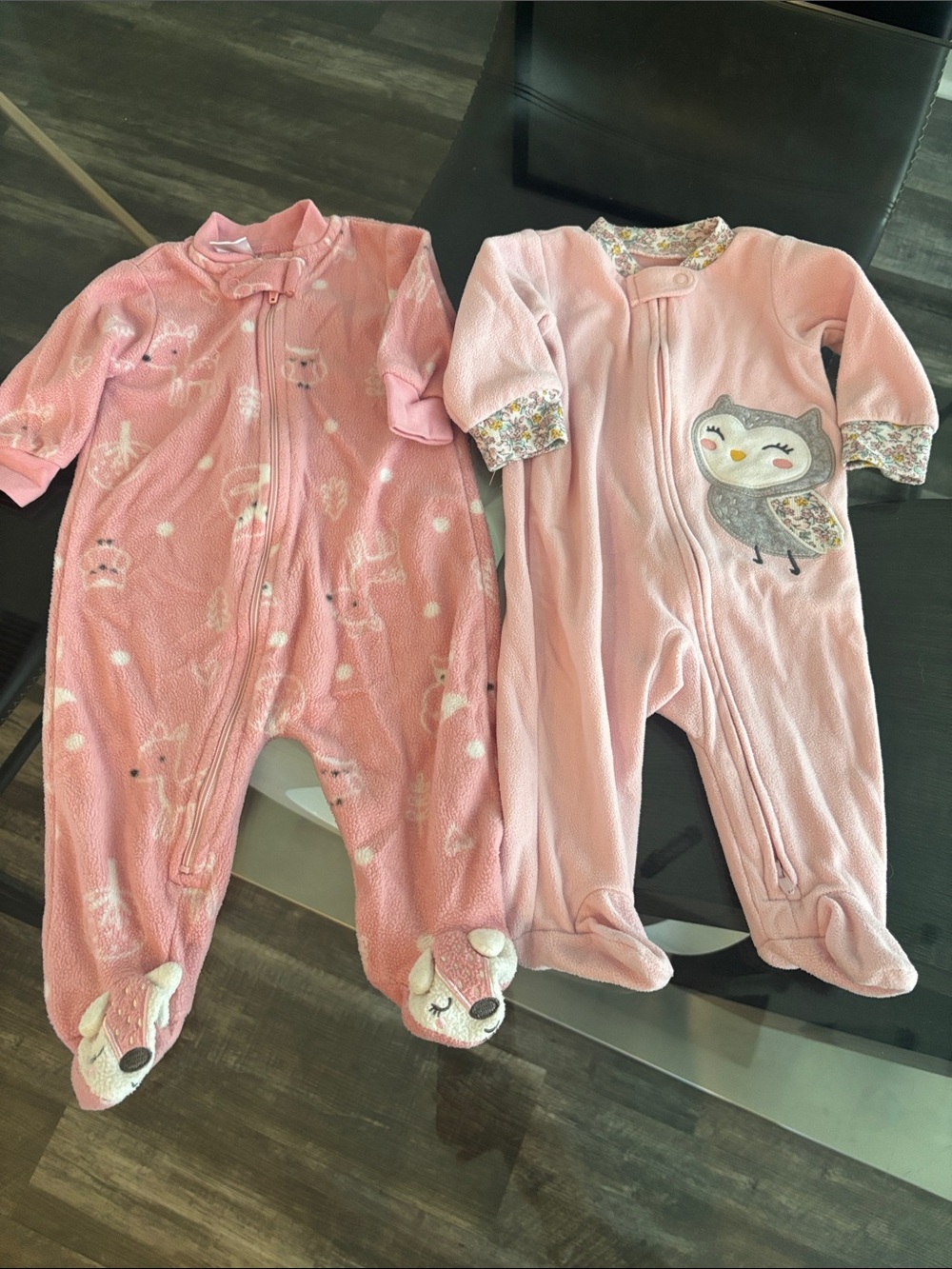 Carter's Pink Plush Owl & Fox Footed One-Pieces